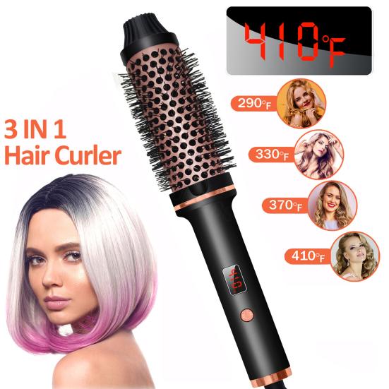 3-In-1 38MM Hair Curling Iron Brush Fast Heating Thermal Brush Fast Heating Negative Ion Heated Round Brush Electric Hair Curling Wand Tools