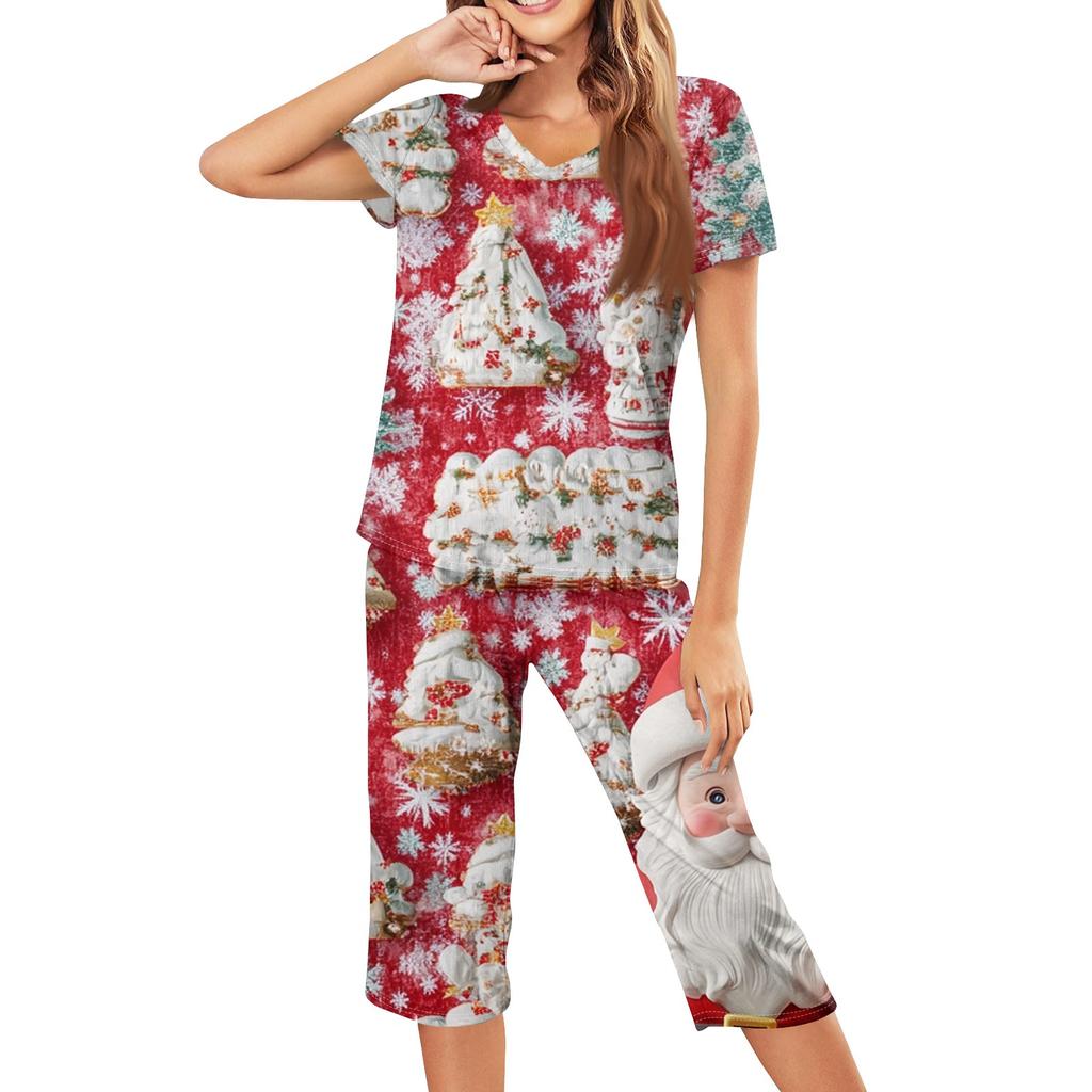 Женская повседневная спортивная пижама с коротким рукавом и укороченными брюками с рождественским принтом