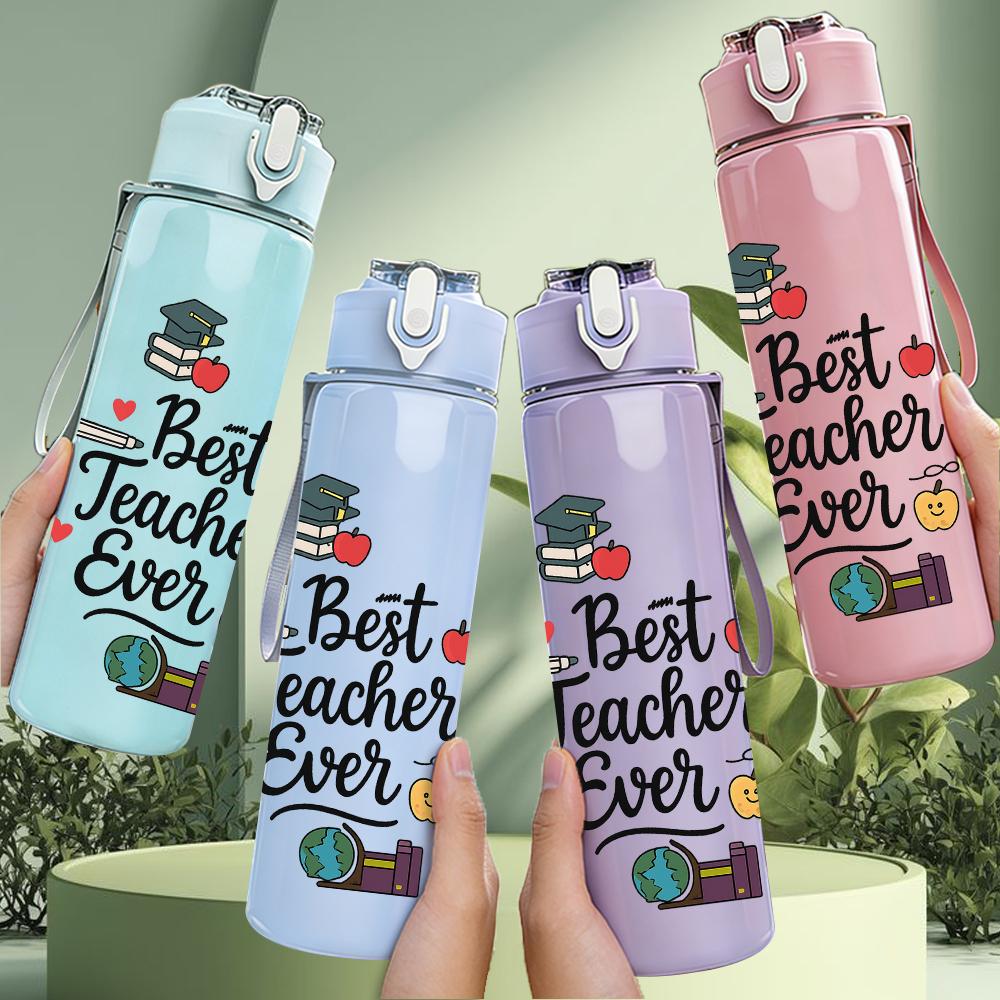 1PC Best Teacher Ever Floral Wreath Text 750ml Color Plastic Water Bottle Leakproof Flip Straw Lid For Sports Office Home Use