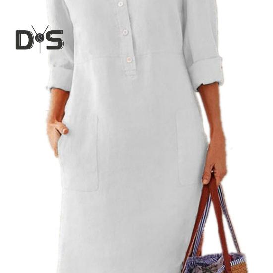 Осень-весна женское платье с круглым вырезом, однотонные пуговицы, свободное платье с длинными рукавами и накладным карманом длиной до колена, повседневное повседневное платье