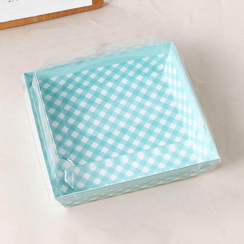 10pcs Square Packaging Box Plastic Bento Box Dessert Checkered Sandwich Cheesecake Puff Box