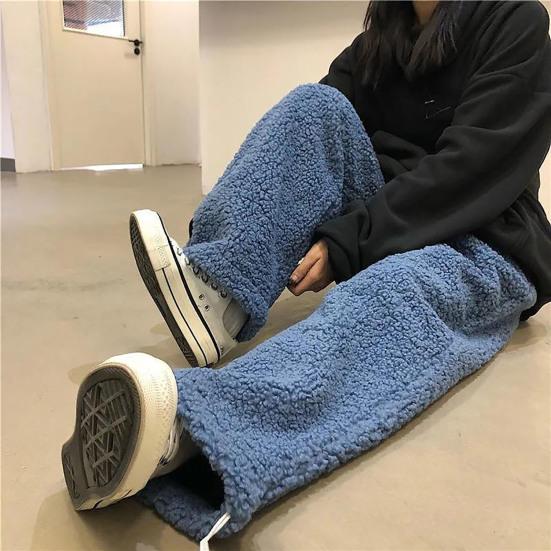 Autumn Winter Women Pants Solid Color Elastic Waist Thickened Imitation Cashmere Loose Straight Ankle Tied Trousers Streetwear
