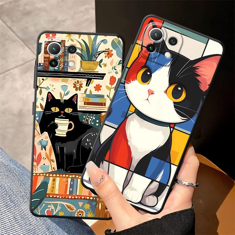 Мультяшный чехол-кошка для Xiaomi Mi 12X 11 12 13 Lite 13 14 15 Pro 10T 11T 12T Pro Черный Мягкий чехол для телефона