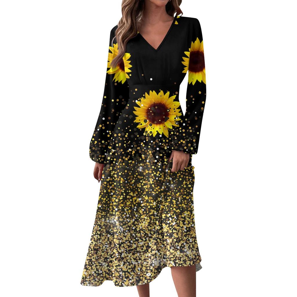 Женское осенне-зимнее повседневное модное длинное платье с v-образным вырезом и длинным рукавом с принтом