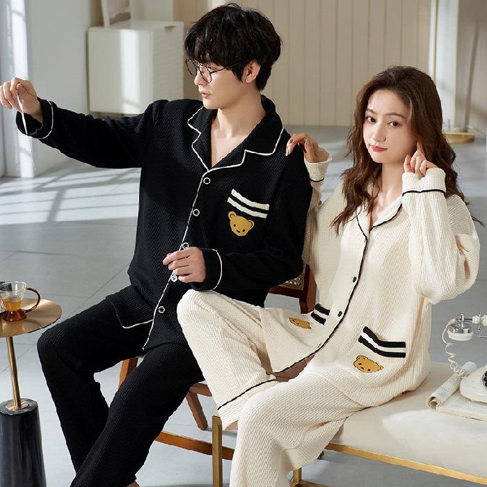 Cute Couple Pajamas: Women's Spring & Autumn Waffle Long Sleeves and Men's Casual Large Size Homewear
