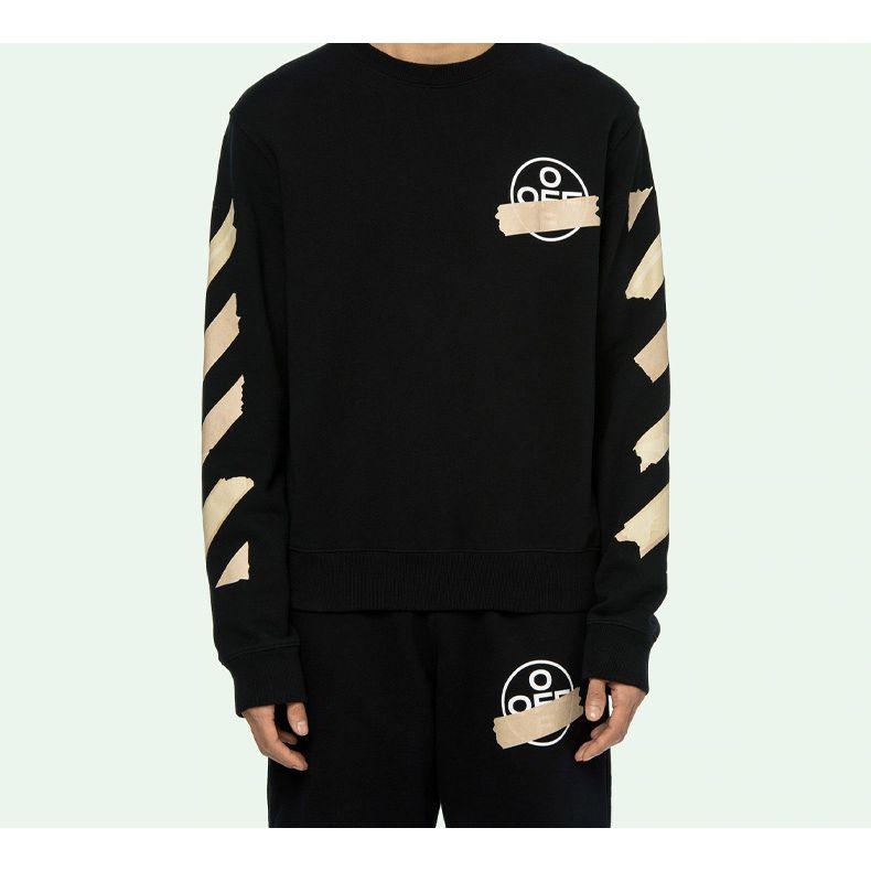 Off-White SS20 Ленточные Стрелки Принт Круглый вырез Длинный рукав Толстовка Мужская Топы Черный OMBA025R20E300021048