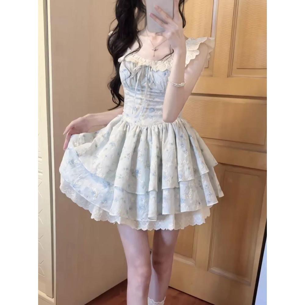 Французское маленькое платье с рукавами-крылышками, нежное цветочное платье с завышенной талией, женское летнее супер фея, милое платье принцессы на бегу, торт-пачка