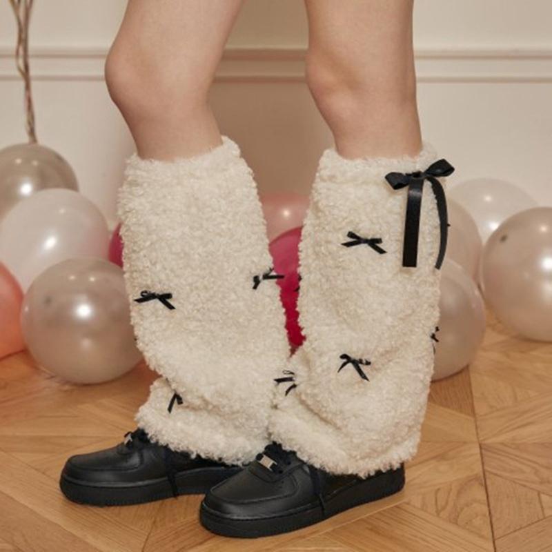 Bow Furs Leg Warmer Winter Furry Long Boot Cuffs Fuzzy Shoe Cover Party Costume for Holiday Festival Performances Play