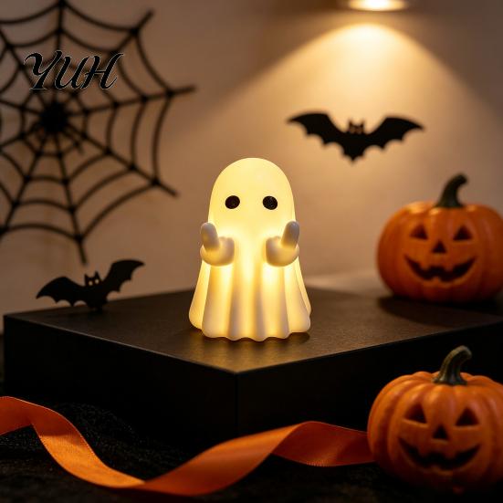 Whimsical Ghost Statue LED Middle Finger Halloween Night Light, Cute Spooky Handmade Ornaments for Desktop Home Office Decor Haunted House Display