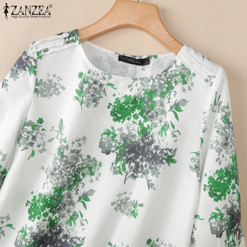 ZANZEA Women Casual Round Neck Summer 3/4 Sleeve Loose Print Blouse
