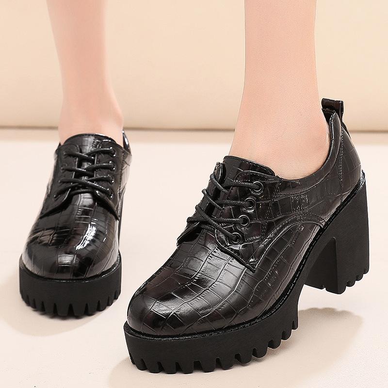 8cm Small Size 32-43 Deep Mouth Women's Block Square Heels Shoes Platform 2025 Fall Winter Bright Leather Oxfords Office Mom