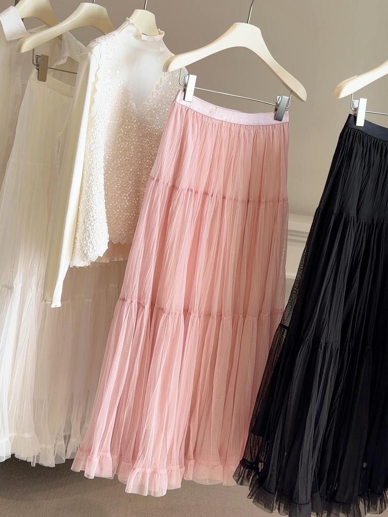 French Style High-Waist Midi Skirt: Spring A-Line Pleated Mesh Swing Skirt for Women