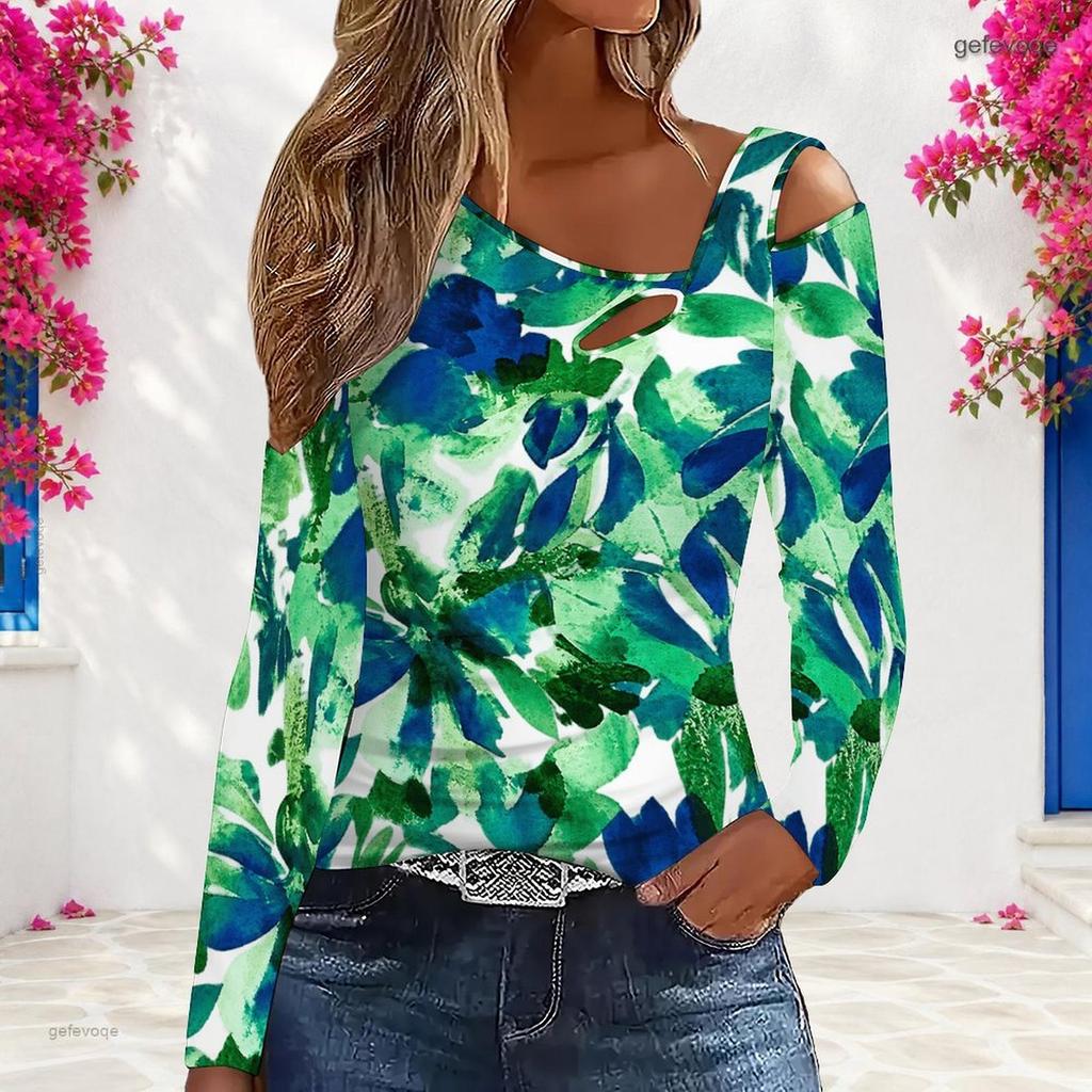 Women Plus Size Asymmetric Cutout Neck Cold Shoulder Long Sleeve Tropical Leaf Printed Fitted Blouse