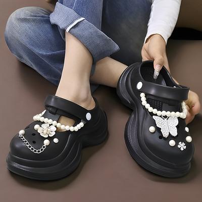 Модные туфли с бусинами на шнурках Женские 2025 Тапочки для бассейна с закрытым носком Пантофли на платформе Пляжные плоские Новые шлепанцы Женские 2025 Слип