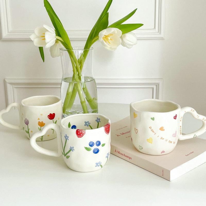 350ML Ceramic Coffee Mugs Tulip Love Handle Cups Hand Pinched Irregular White Color Flower Milk Mug Oatmeal Breakfast Tea Cup