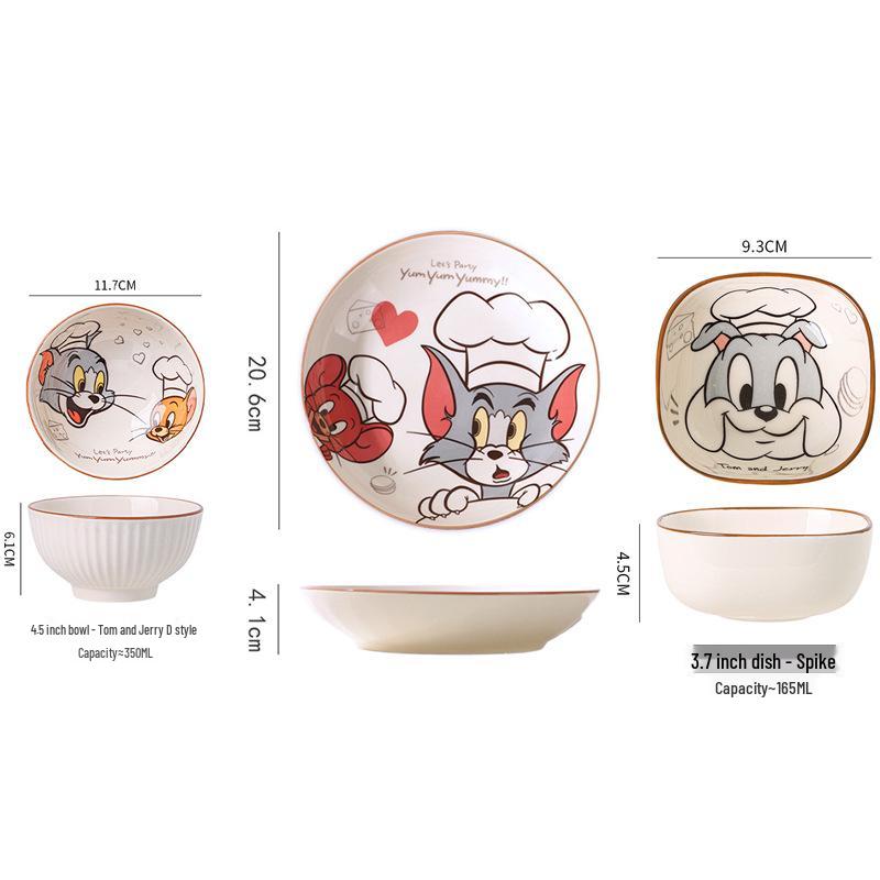 Набор керамических мисок и тарелок «Том и Джерри»: Мультяшный подглазурный цвет, термостойкая, высококачественная посуда.