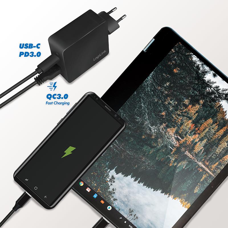 LogiLink USB Travel Adapter 1xUSB-C PD + 1xUSB-A QC 18W Fast Charging