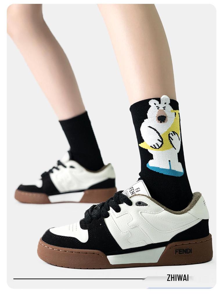 Women's Cute Graffiti Mid-Calf Cartoon Socks - Soft, Comfortable, and Trendy Black Cotton for Spring and Autumn.