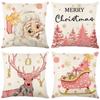 Pink Elk Christmas Pillow Cover Linen Letter Print Holiday Decor Living Room Sofa Cushion Cover Pillow Cover
