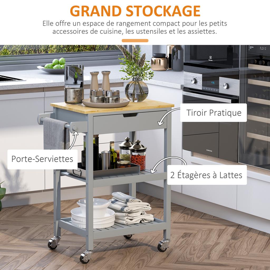 Serving Trolley Kitchen Cart on Wheels with Rubberwood Worktop - 2 Shelves, 1 Drawer and