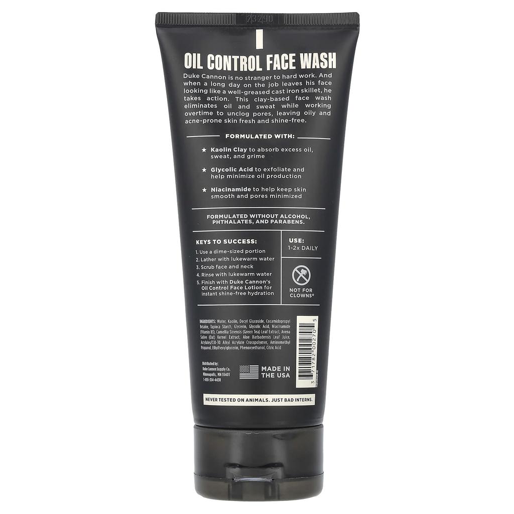 Duke Cannon Supply Co. Oil Control Face Wash, Fragrance Free, 177 Ml (6 Fl Oz)