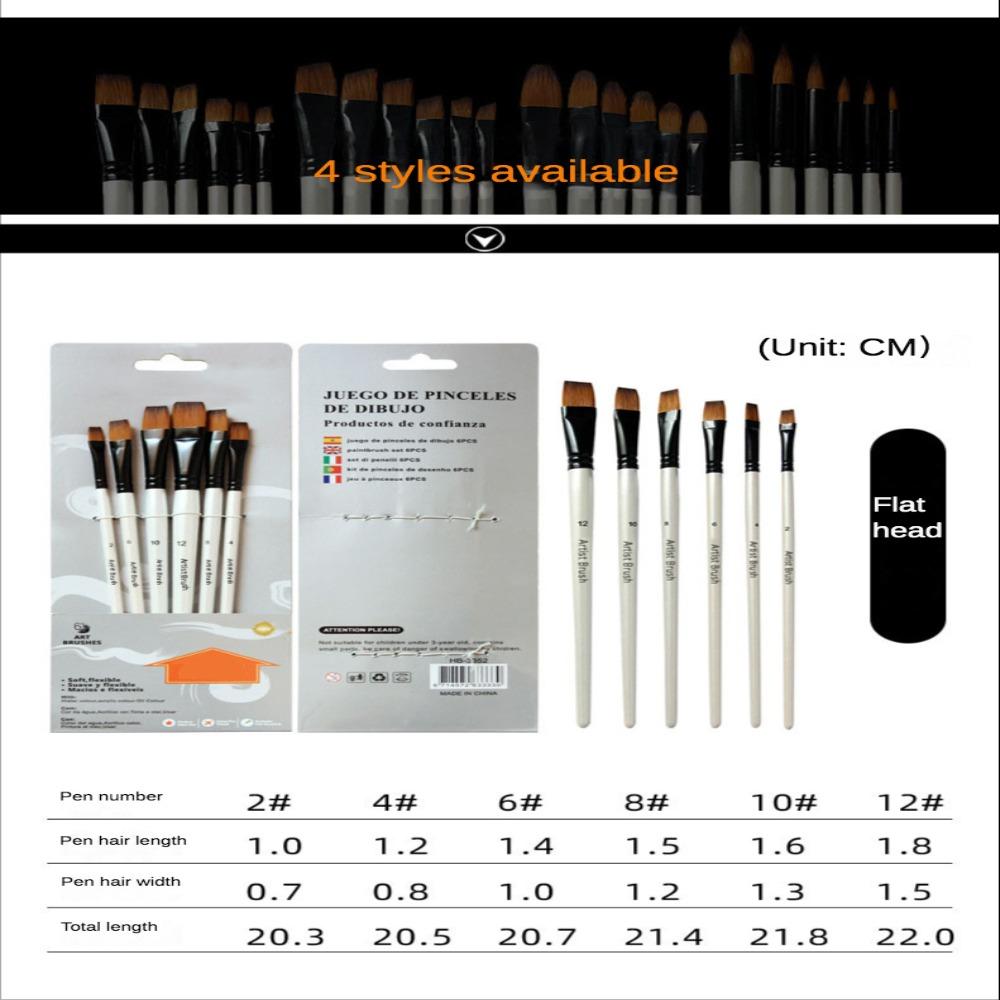 6Pcs/Set Wood Pole Hair Watercolor Brush Pearl White Art Paint Brush Nylon Hair Brush Set Beginners