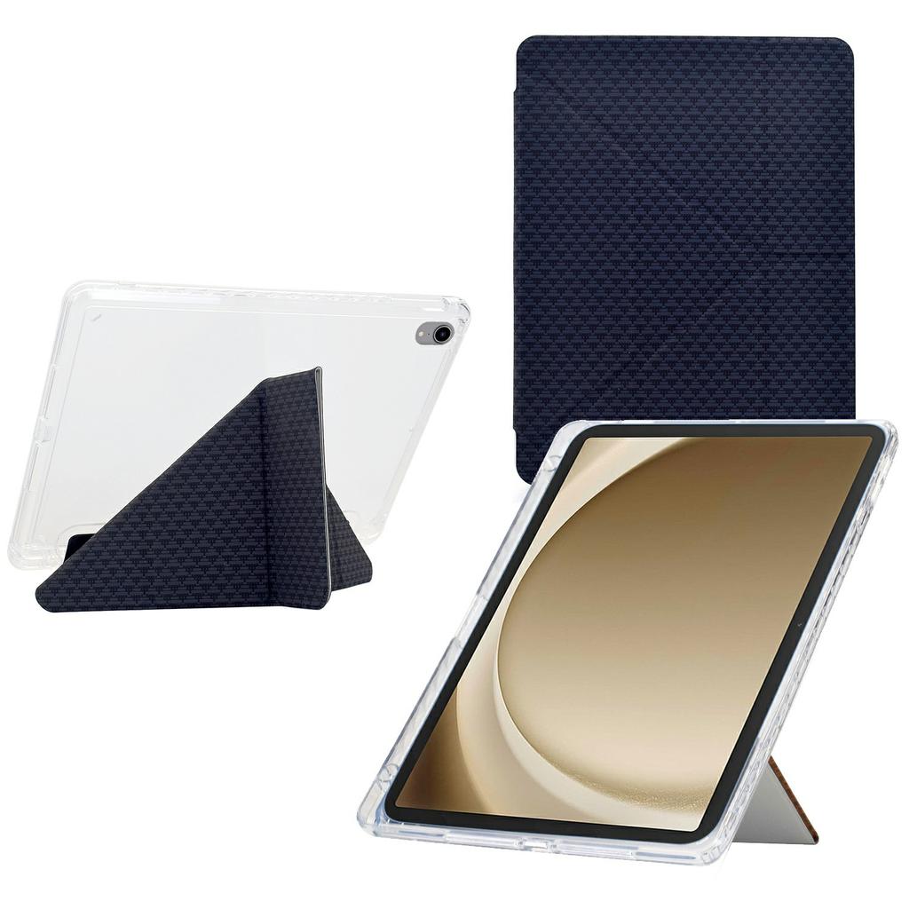 For Samsung Galaxy Tab A9+ Case Y-Fold Stand Pyramid-Patterned Leather+Clear Acrylic Tablet Cover with Pencil Holder