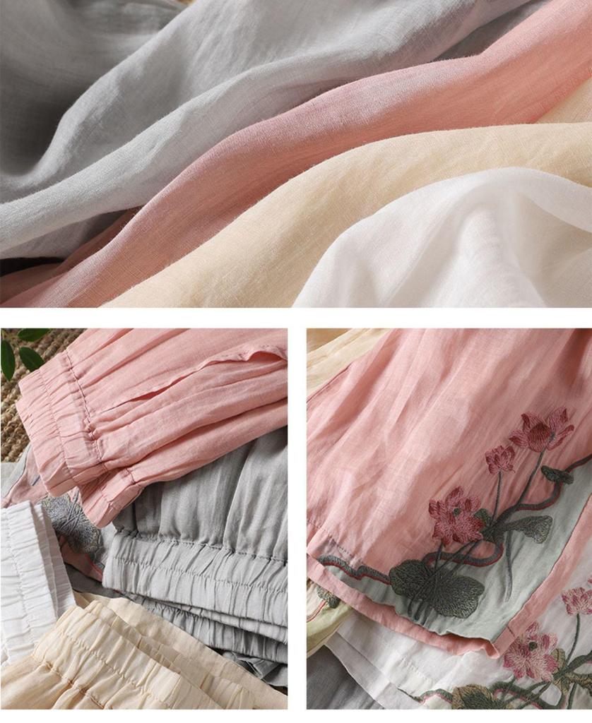 Женские ретро хлопково-льняные широкие брюки с вышивкой 2024 - Летние легкие повседневные брюки длиной до щиколотки.