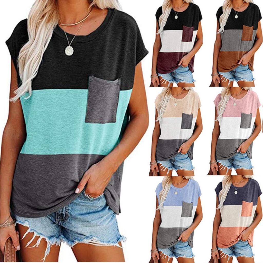 Women's Color Block Patch Pocket Round Neck Short Sleeve T-shirt, Casual Summer Top for European American, Fashion Cross-border Women's Clothing