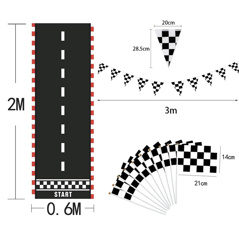 Black White Racing Car Theme Party Flag Banner Tableware Tablecloth Runner 0-9 Number Balloon Checkered Race Car Birthday Decors
