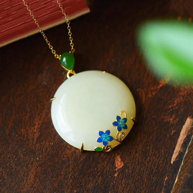 New Natural Hetian Jade Flower Enamel Porcelain Round Pendant Women's Necklace Exquisite Chinese Charm  Jewelry