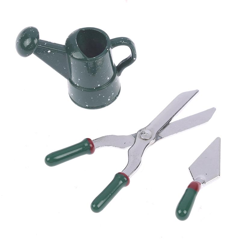1Set 1: 12 Mini Metal Green Watering Pot Scissors Shovel Model Dollhouse Gardening Tool Set