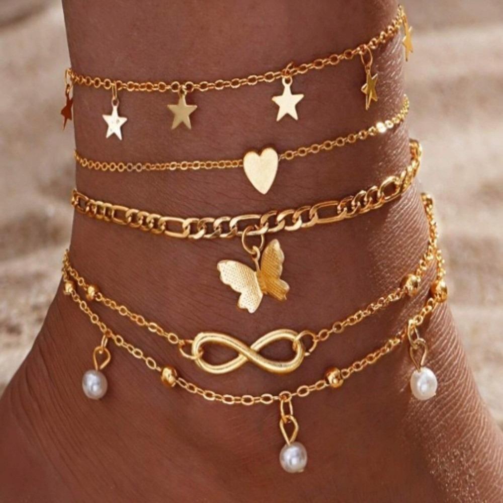 4Pcs/5Pcs Adjustable Heart Charm Anklet Pearl Charm Anklet  Women Girl Jewelry Accessories