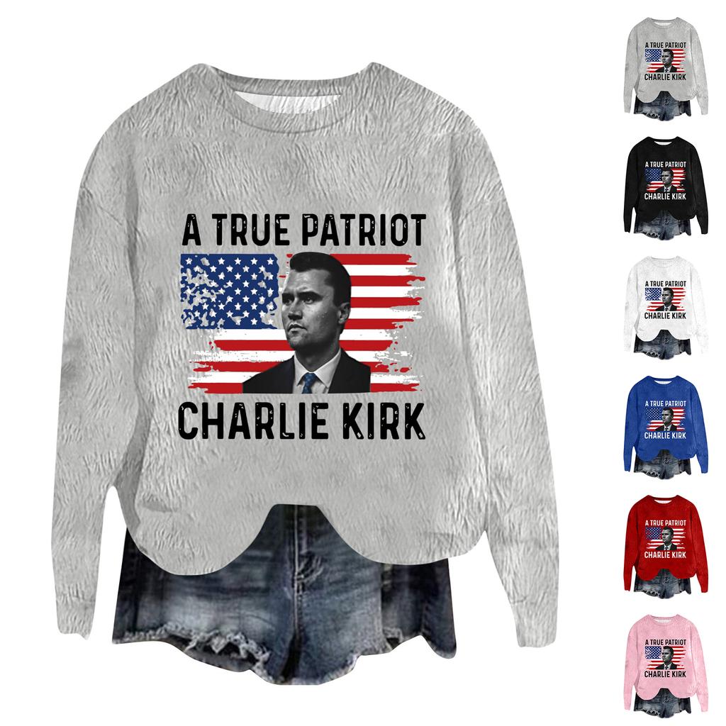 Women's Fashion Round Neck Pullover Top Long Sleeve Tee Printed Sweatshirt