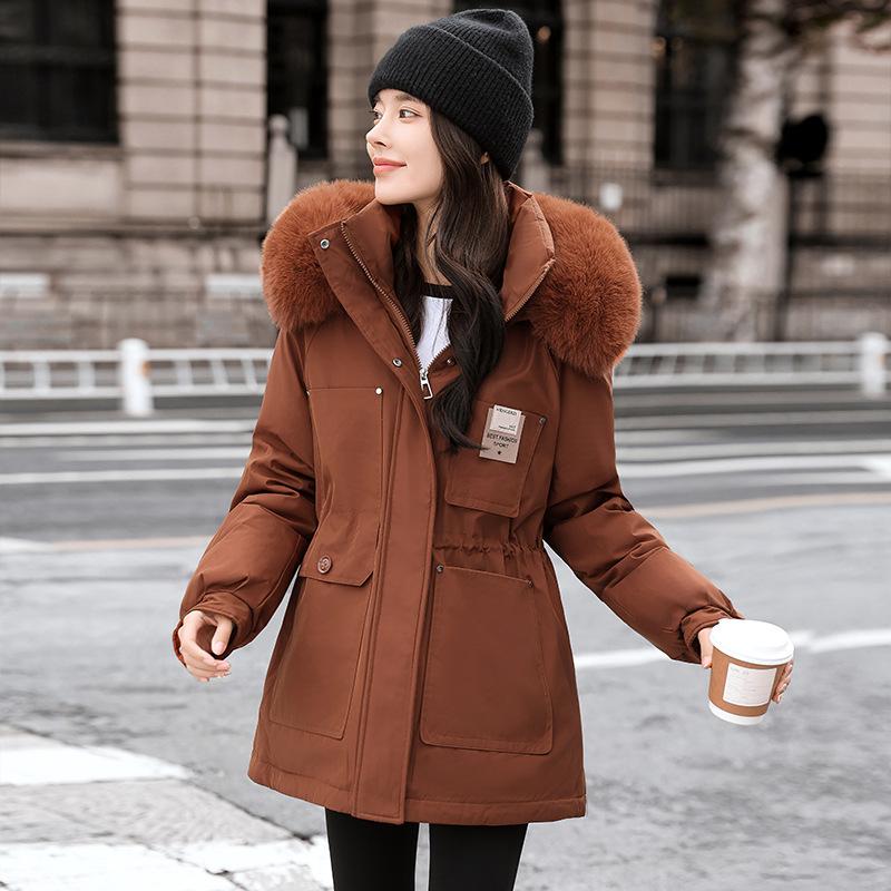 Pie Overcome Women's Winter New Korean Version Waist Thin Hooded Big Fur Collar Velvet Cotton Jacket Cotton Coat