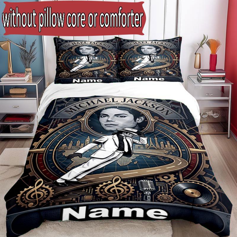 3pcs Duvet Cover Set (1*Duvet Cover + 2*Pillowcase, Without Core), Custom Name Michael Jackson POP Pattern Bedding Set, Home Bedroom Decor Gift