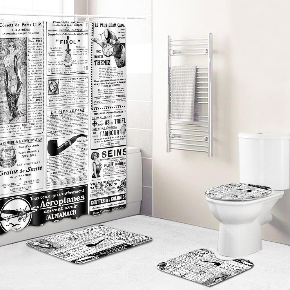 Home Waterproof Print Shower Curtain 4 Piece Carpet Cover Toilet Cover Bath Mat Pad Set Bathroom Curtain Bathroom Decoration