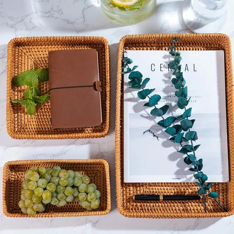 Hand-Woven Storage Baskets Rattan Storage Tray Wicker Baskets Bread Fruit Food Breakfast Display Box Handicrafts Home Decoration