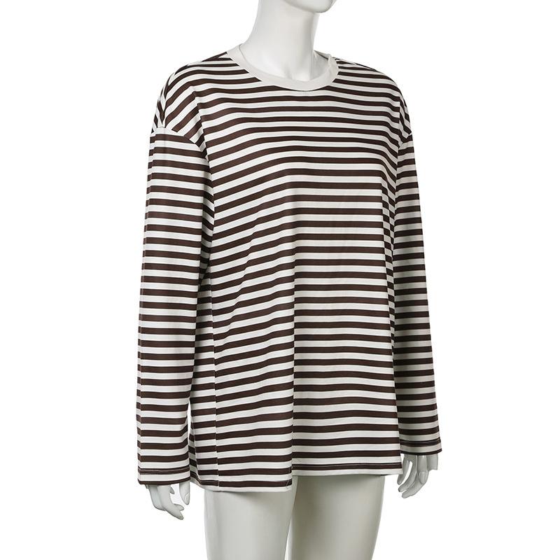 Striped T-shirt Women's Loose Round Neck Long Sleeved Top Retro Contrasting Color Basic Style Thin Commuting 2025 Spring/Summer