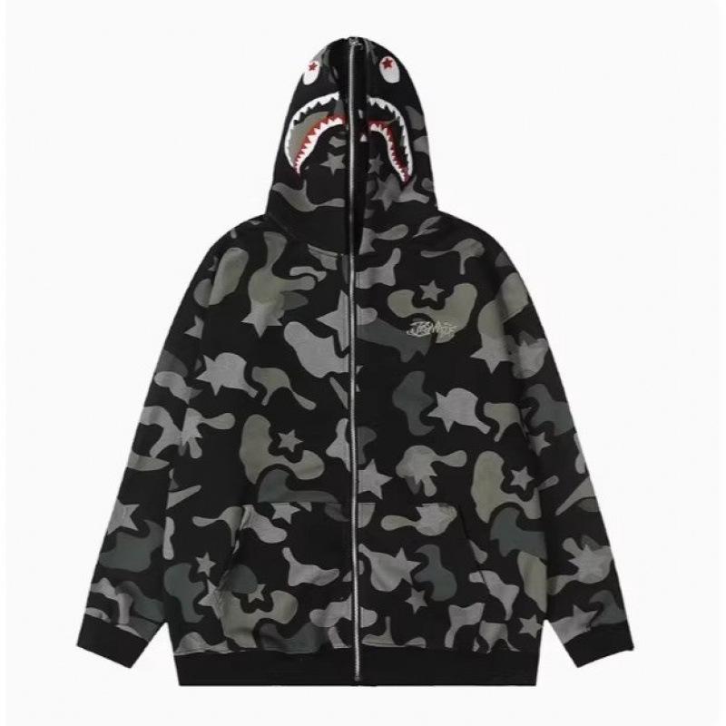 High Street Camo Shark Zip-Up Hoodie - Unisex, BF Style, Long Sleeve with Towel Embroidery