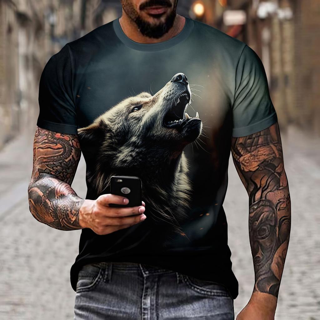 Новая летняя мужская футболка с круглым вырезом и 3D принтом волка на открытом воздухе, повседневная, из полиэстера, с коротким рукавом, модельер, уличный топ