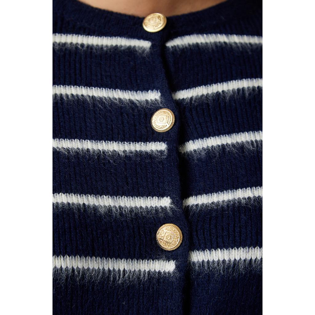 Женский костяной черный стильный трикотажный кардиган в полоску на пуговицах Pf00051