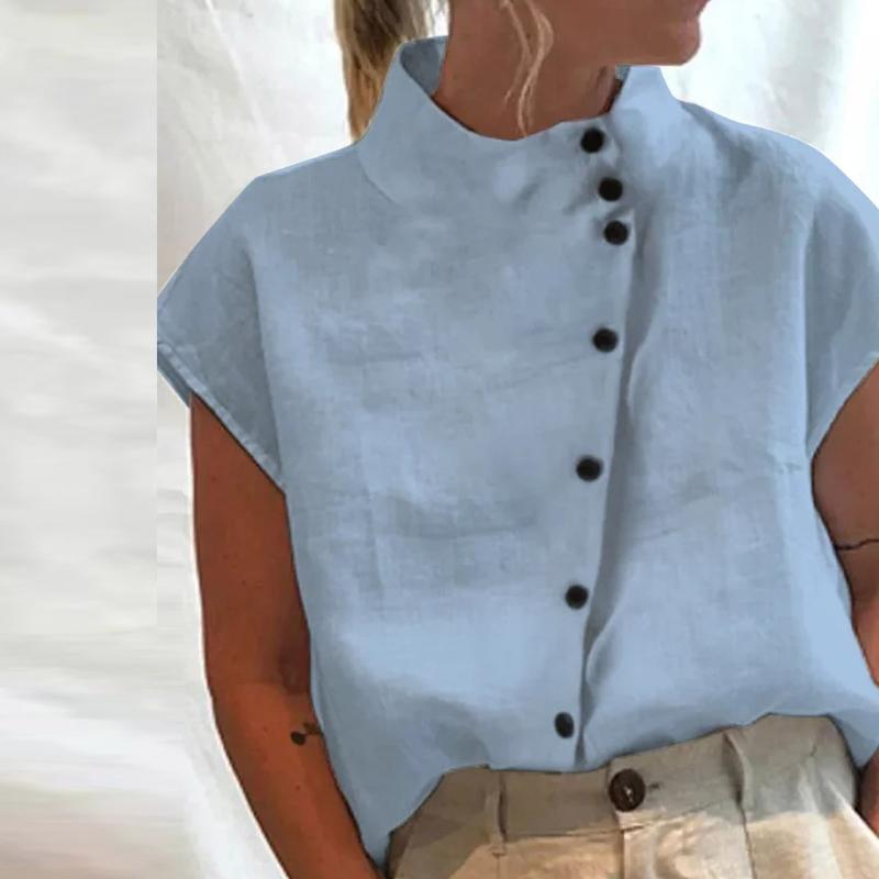 Необычная хлопковая блузка на пуговицах, белый топ, зеленый, черный, воротник-стойка, повседневная рубашка для женщин, рубашки с коротким рукавом