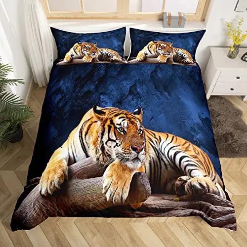 Tiger Comforter Cover Set 3D Tiger Lying on The Stump Pattern Duvet Cover with Zipper Ties Wild Animal Theme Bedding Set for Kid