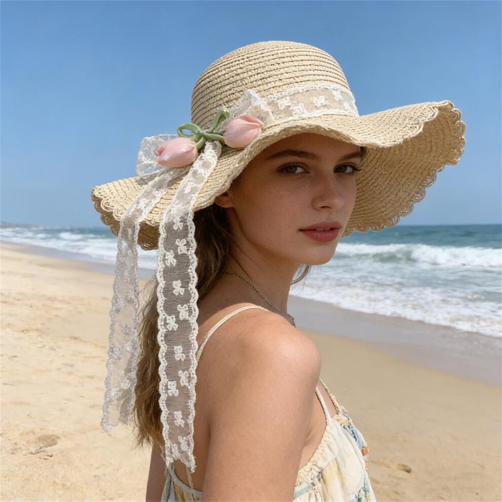 (One Size, Yellow) Women's Straw Sun Hat Breathable Stylish Decorative Tulip Lace Band Wide Brim Beach Hat