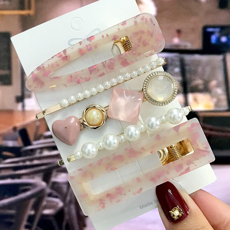 5Pcs/Set Fashion Smiley Pearl Hair Clip For Women Girl Geometric Acetate Barrettes Hairpin Headwear Hair Accessories  Trendy