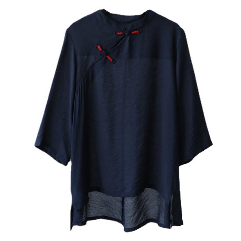 Johnature Женские рубашки в китайском стиле, топы, стойка, длинный рукав, на пуговицах, летние, однотонные блузки, свободные рубашки