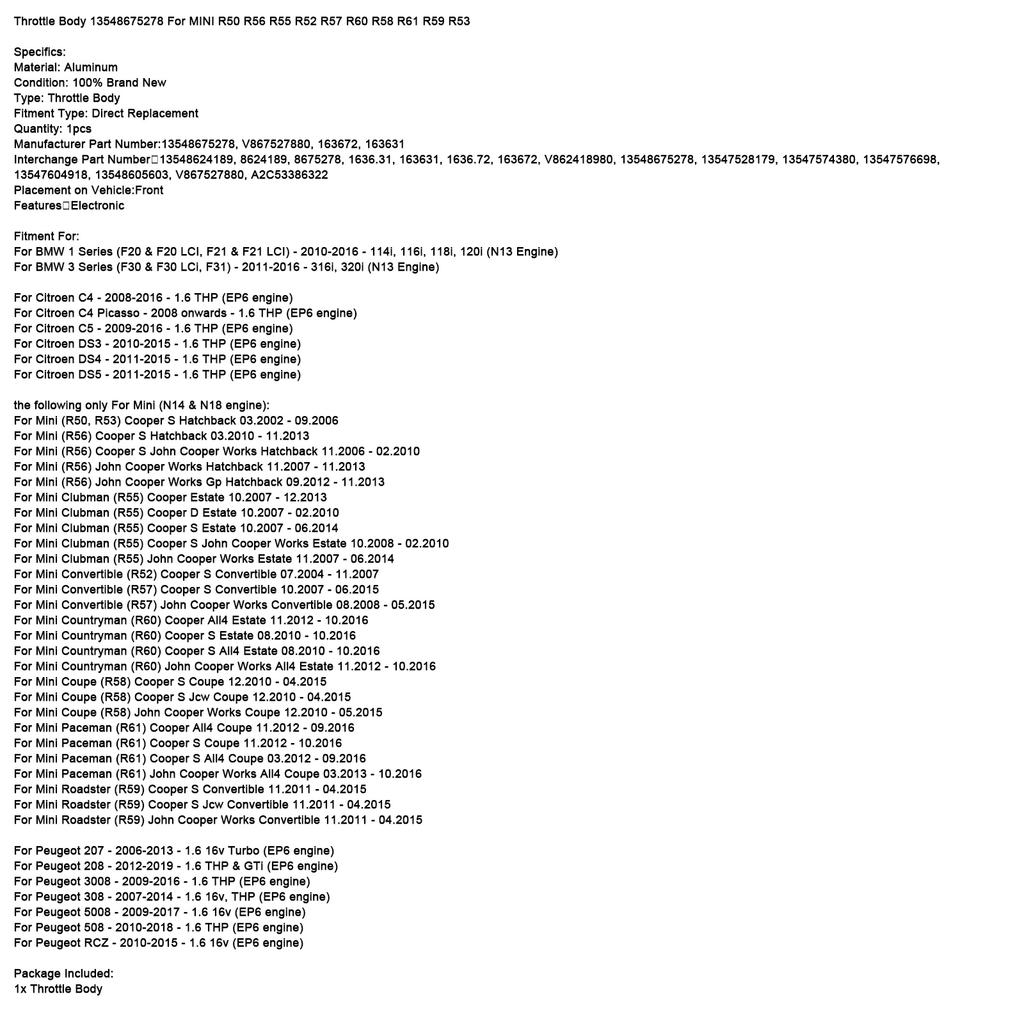 Дроссельная заслонка 13548675278 Для MINI R50 R56 R55 R52 R57 R60 R58 R61 R59 R53