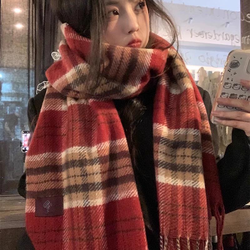 Korean Style Women's Red Plaid Winter Scarf - Warm & Thick Shawl