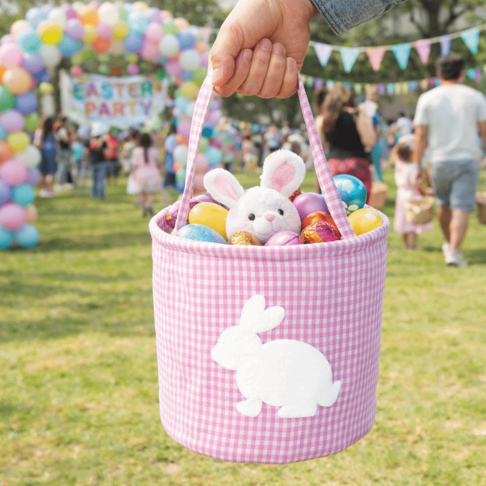 Embroidery Easter Rabbit Basket Plaid Easter Gift Basket Reusable Toys Storage Bag  Nursery Storage